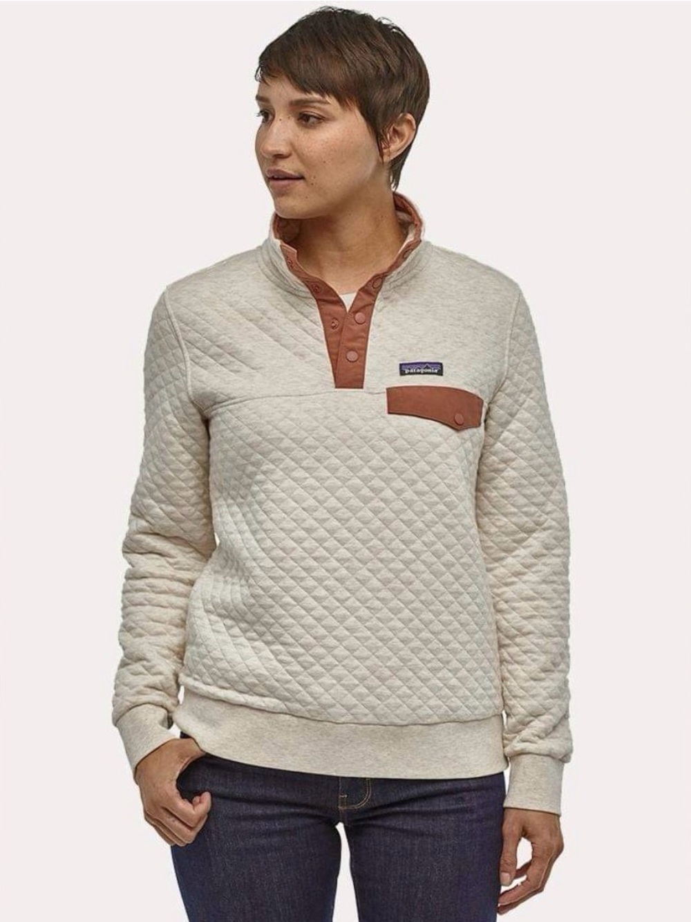 Patagonia Quilted Pullover in Cream with Rust Accents